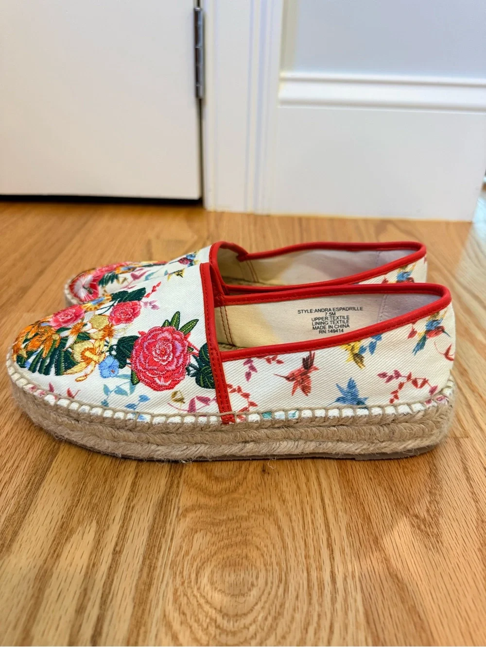 Johnny Was Andra Floral Embroidered Espadrilles in Cream and Red Trim